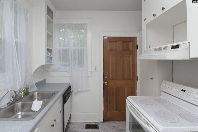 709 Sunset Dr, Columbia, SC 29203 - kitchen with electric stove, under cabinet range hood, a sink, white cabinetry, and dishwasher