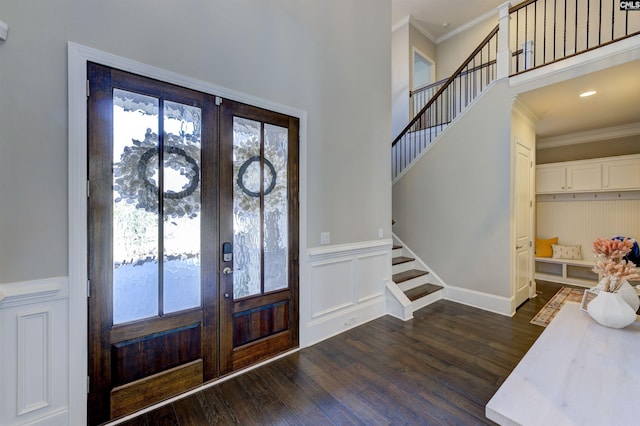 2 Beaver Lake Ct, Elgin, SC 29045 - entrance foyer with ornamental molding, dark wood-style floors, stairway, french doors, and wainscoting
