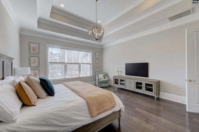 2 Beaver Lake Ct, Elgin, SC 29045 - bedroom featuring a chandelier, crown molding, dark wood finished floors, a raised ceiling, and baseboards