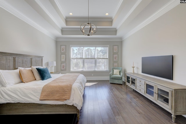 2 Beaver Lake Ct, Elgin, SC 29045 - bedroom featuring a chandelier, a raised ceiling, dark wood-style flooring, ornamental molding, and baseboards