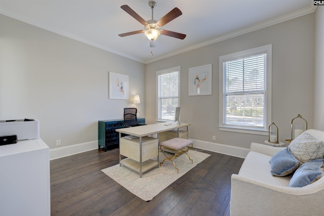 2 Beaver Lake Ct, Elgin, SC 29045 - home office featuring ornamental molding, dark wood-type flooring, baseboards, and a ceiling fan