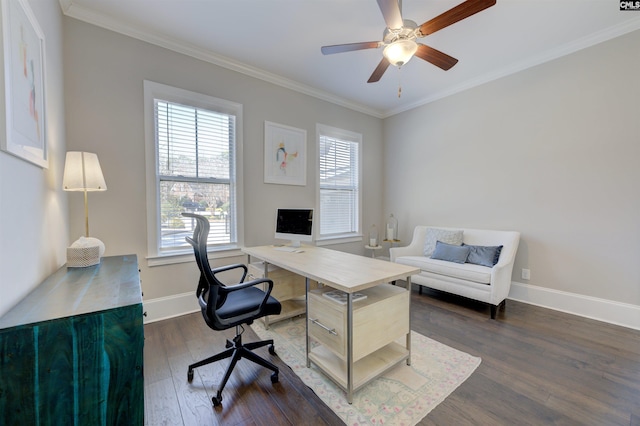 2 Beaver Lake Ct, Elgin, SC 29045 - office area with healthy amount of natural light, dark wood-style floors, ornamental molding, ceiling fan, and baseboards
