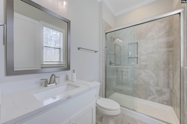2 Beaver Lake Ct, Elgin, SC 29045 - full bathroom featuring ornamental molding, toilet, a shower stall, and vanity