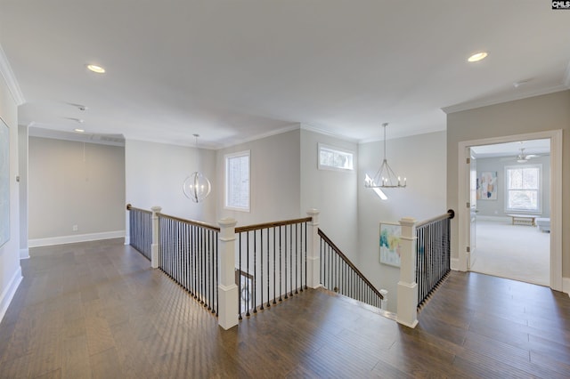 2 Beaver Lake Ct, Elgin, SC 29045 - corridor featuring an upstairs landing, a chandelier, ornamental molding, plenty of natural light, and recessed lighting