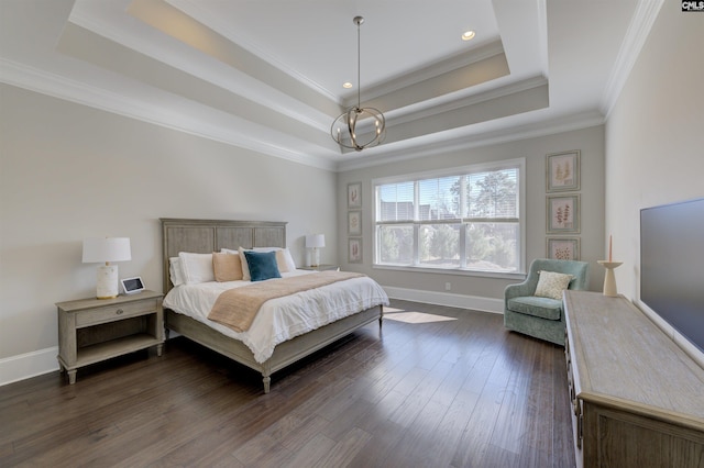 2 Beaver Lake Ct, Elgin, SC 29045 - bedroom with a raised ceiling, crown molding, dark wood-style flooring, baseboards, and a chandelier