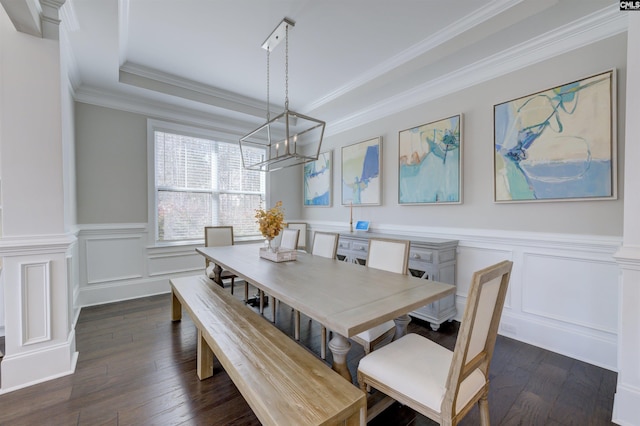 2 Beaver Lake Ct, Elgin, SC 29045 - dining room with a chandelier, dark wood finished floors, a wainscoted wall, ornamental molding, and a decorative wall