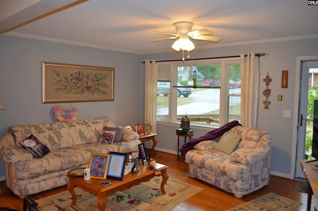 828 Seay Dr, West Columbia, SC 29170 - living area with wood finished floors, a ceiling fan, crown molding, and baseboards