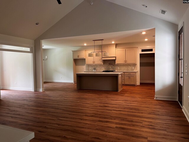 1781 Bookman Rd, Elgin, SC 29045 - kitchen with high vaulted ceiling, dark wood-style floors, backsplash, baseboards, and light countertops