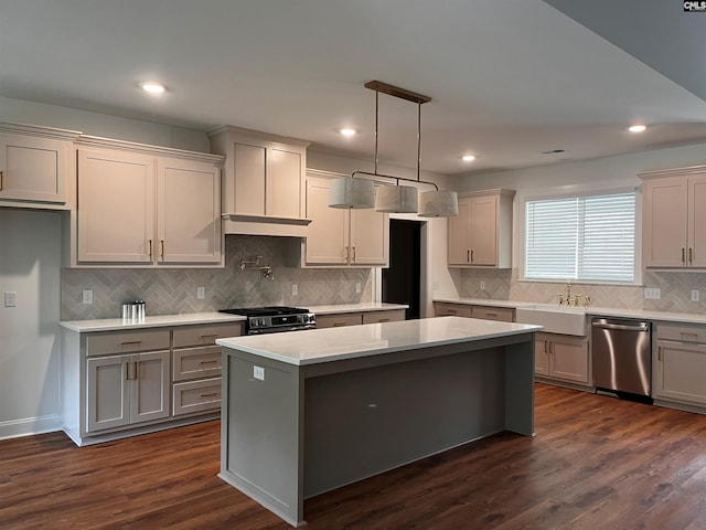 1781 Bookman Rd, Elgin, SC 29045 - kitchen with stainless steel appliances, gray cabinets, light countertops, backsplash, and recessed lighting
