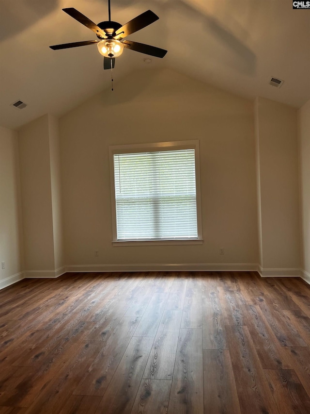 1781 Bookman Rd, Elgin, SC 29045 - unfurnished room featuring a ceiling fan, wood finished floors, vaulted ceiling, and baseboards