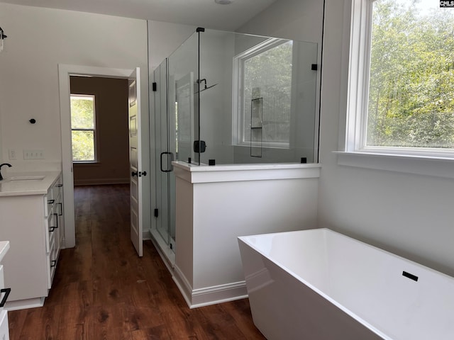 1781 Bookman Rd, Elgin, SC 29045 - bathroom with wood finished floors, vanity, a shower stall, and a soaking tub