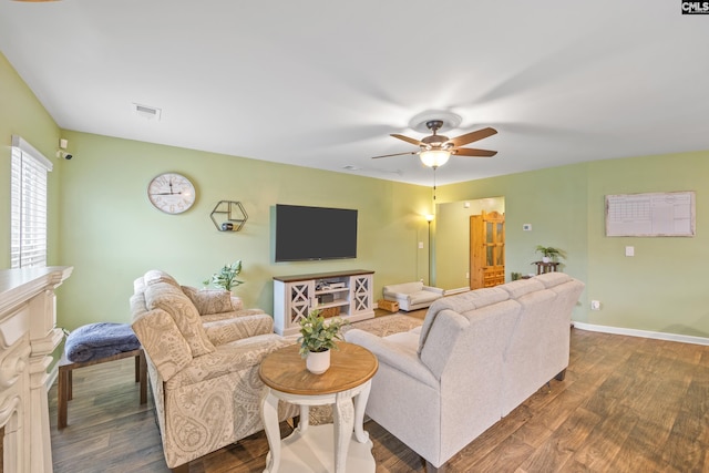 133 Plum Orchard Dr, West Columbia, SC 29170 - living room featuring dark wood-style floors, ceiling fan, and baseboards