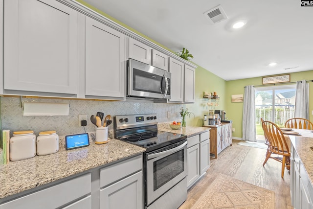 133 Plum Orchard Dr, West Columbia, SC 29170 - kitchen with appliances with stainless steel finishes, light wood-type flooring, tasteful backsplash, light stone countertops, and recessed lighting