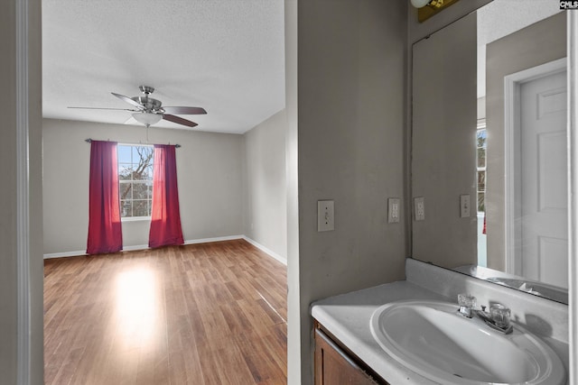 2 Berry Ridge Ct, Columbia, SC 29229 - bathroom with wood finished floors, a ceiling fan, vanity, baseboards, and a textured ceiling