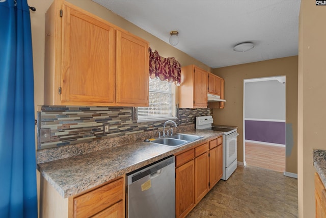 2 Berry Ridge Ct, Columbia, SC 29229 - kitchen with electric range, dishwasher, a sink, backsplash, and under cabinet range hood