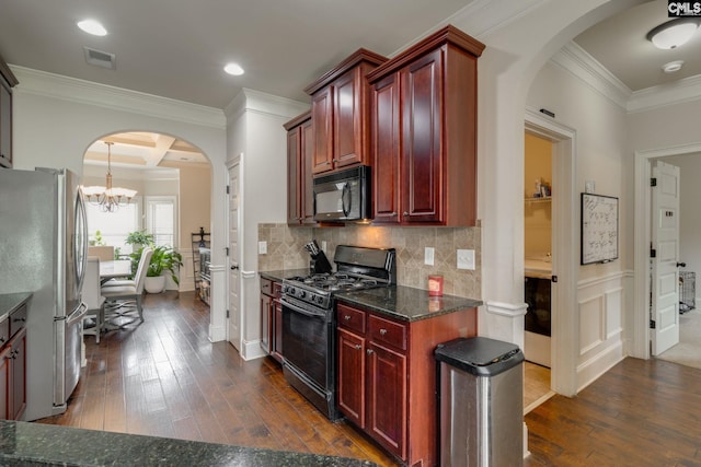 454 Henslowe Ln, West Columbia, SC 29170 - kitchen with black appliances, reddish brown cabinets, crown molding, dark wood-style flooring, and recessed lighting