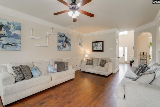 454 Henslowe Ln, West Columbia, SC 29170 - living room featuring arched walkways, a ceiling fan, ornamental molding, and hardwood / wood-style flooring