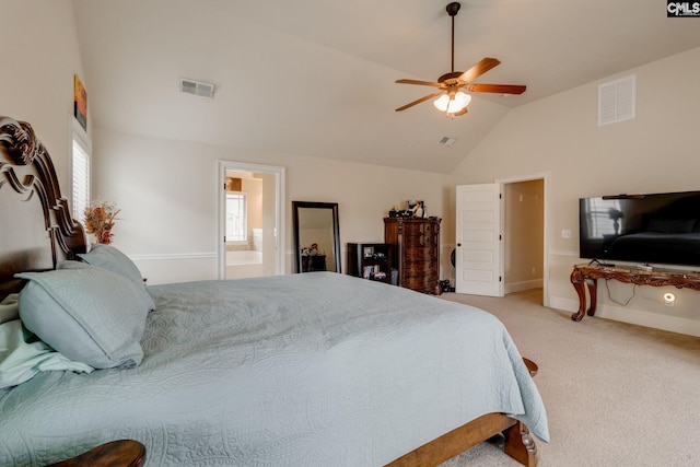 454 Henslowe Ln, West Columbia, SC 29170 - bedroom featuring lofted ceiling, light carpet, baseboards, ceiling fan, and connected bathroom