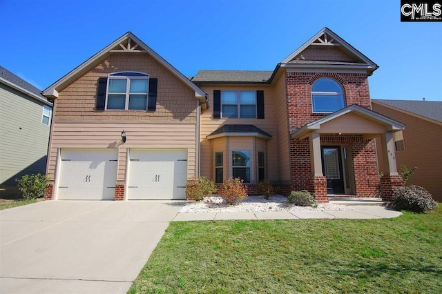 454 Henslowe Ln, West Columbia, SC 29170 - craftsman-style home with brick siding, an attached garage, concrete driveway, and a front lawn