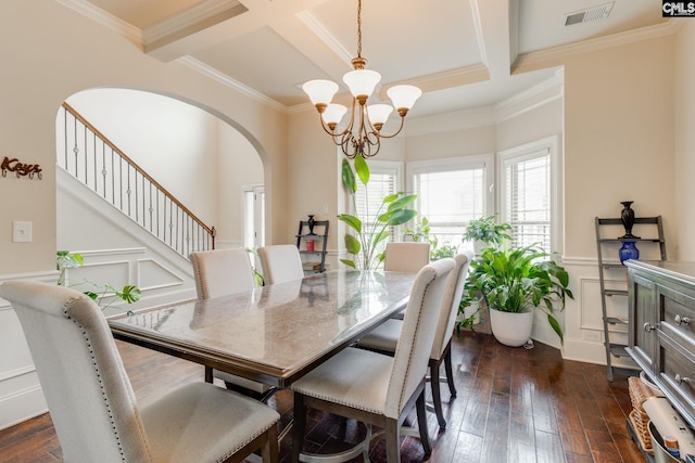 454 Henslowe Ln, West Columbia, SC 29170 - dining space featuring coffered ceiling, a chandelier, ornamental molding, a decorative wall, and beam ceiling