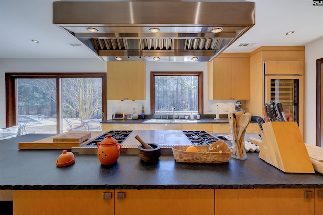 208 Gibbs Rd, Elgin, SC 29045 - kitchen featuring island exhaust hood, light brown cabinetry, a sink, dark countertops, and recessed lighting
