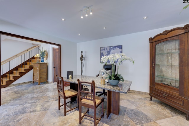 208 Gibbs Rd, Elgin, SC 29045 - dining space with stone tile flooring, stairway, baseboards, and recessed lighting