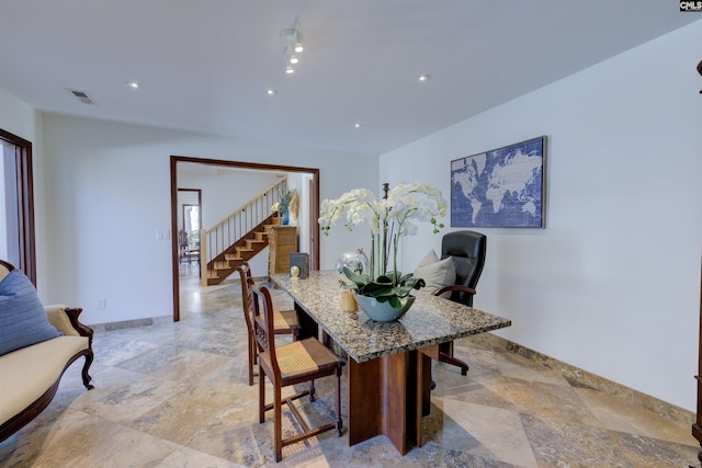 208 Gibbs Rd, Elgin, SC 29045 - dining space with stairs, stone tile floors, recessed lighting, and baseboards