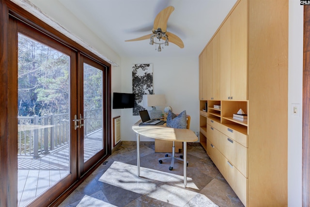 208 Gibbs Rd, Elgin, SC 29045 - office space featuring stone finish flooring, french doors, and ceiling fan