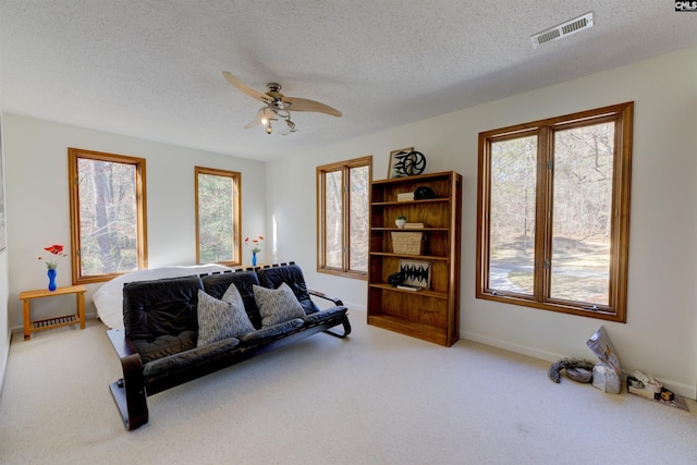 208 Gibbs Rd, Elgin, SC 29045 - living room with carpet floors, ceiling fan, a textured ceiling, and baseboards