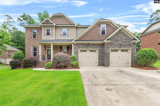122 Lost Lure Ln, Chapin, SC 29036 - craftsman-style home featuring driveway, a front yard, board and batten siding, a garage, and stone siding
