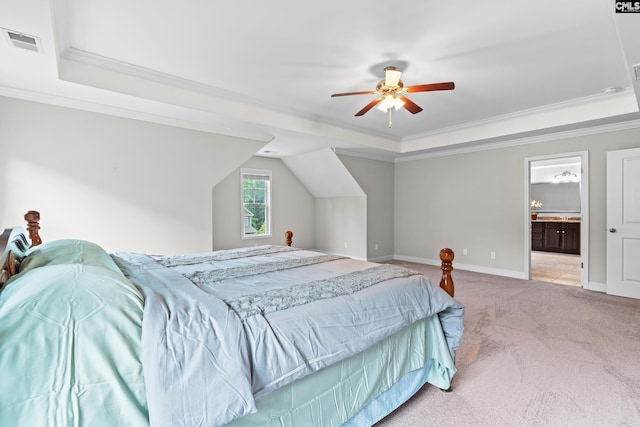 122 Lost Lure Ln, Chapin, SC 29036 - carpeted bedroom with a raised ceiling, ornamental molding, baseboards, a ceiling fan, and ensuite bathroom