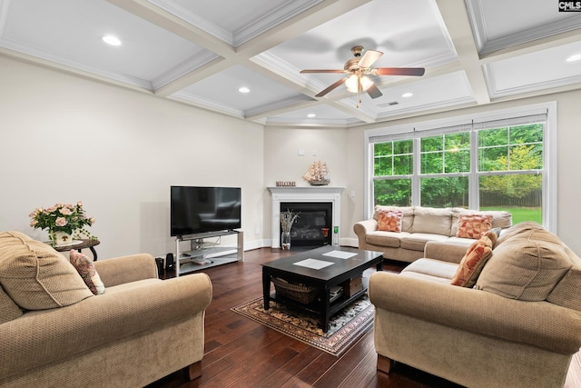 122 Lost Lure Ln, Chapin, SC 29036 - living room featuring coffered ceiling, a ceiling fan, dark wood-type flooring, beamed ceiling, and ornamental molding