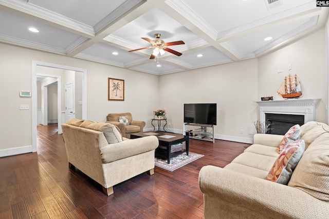 122 Lost Lure Ln, Chapin, SC 29036 - living area featuring a fireplace, beamed ceiling, ceiling fan, dark wood finished floors, and baseboards