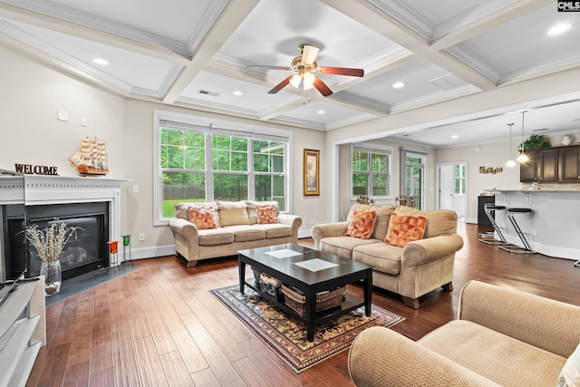 122 Lost Lure Ln, Chapin, SC 29036 - living room featuring a ceiling fan, a fireplace with flush hearth, coffered ceiling, beamed ceiling, and hardwood / wood-style floors