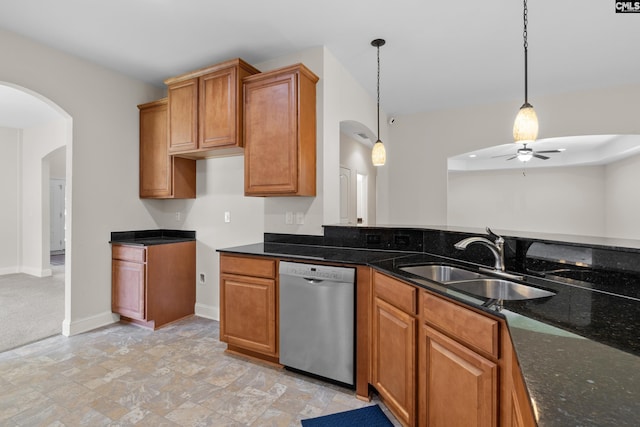 309 Tanners Mill Ct, Chapin, SC 29036 - kitchen featuring dishwasher, arched walkways, a sink, a ceiling fan, and brown cabinets