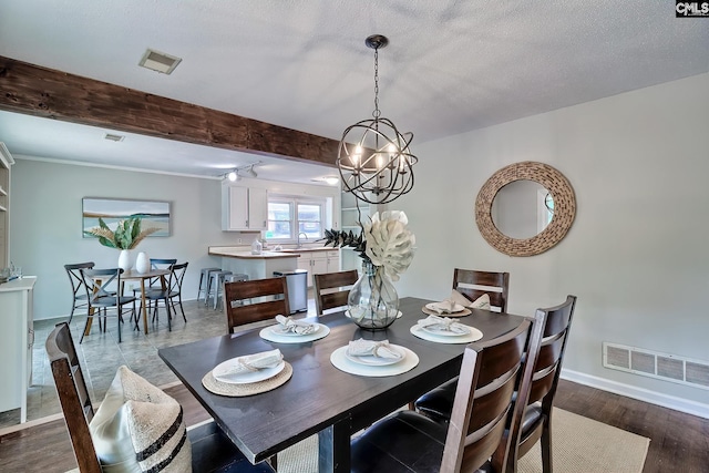 1820 Elm Abode Ter, Columbia, SC 29210 - dining space with baseboards, dark wood-style flooring, a chandelier, and beamed ceiling
