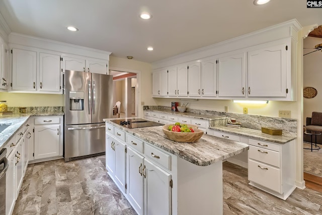 156 Whisperwood Dr, Lexington, SC 29072 - kitchen with stainless steel fridge with ice dispenser, black electric stovetop, a kitchen island, white cabinetry, and light stone countertops
