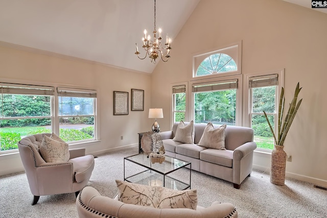 156 Whisperwood Dr, Lexington, SC 29072 - living room featuring a chandelier, high vaulted ceiling, carpet floors, baseboards, and healthy amount of natural light