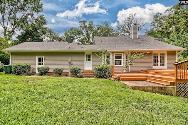156 Whisperwood Dr, Lexington, SC 29072 - rear view of house with a chimney, a wooden deck, a yard, french doors, and roof with shingles