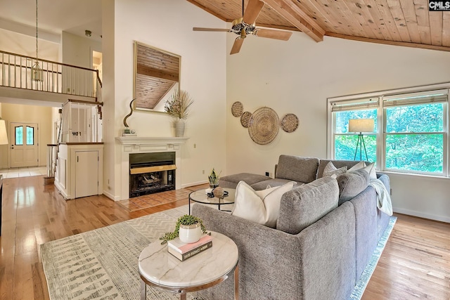 156 Whisperwood Dr, Lexington, SC 29072 - living room with wooden ceiling with exposed beams, high vaulted ceiling, light wood-type flooring, ceiling fan, and baseboards