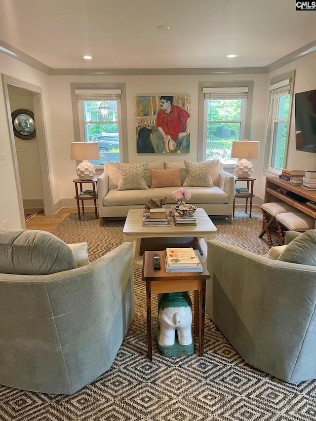 210 S Waccamaw Ave, Columbia, SC 29205 - living room with ornamental molding, baseboards, and recessed lighting