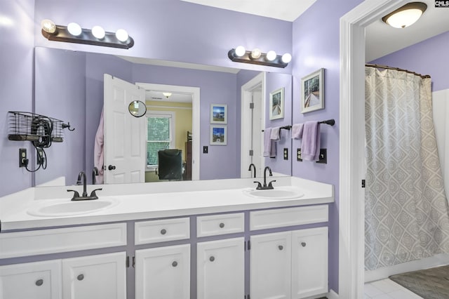 144 Brook Hollow Dr, Columbia, SC 29229 - full bath with double vanity, curtained shower, and tile patterned flooring