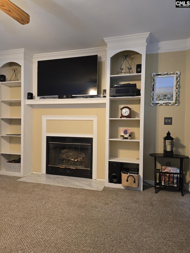 144 Brook Hollow Dr, Columbia, SC 29229 - living area featuring carpet, a glass covered fireplace, crown molding, and built in shelves