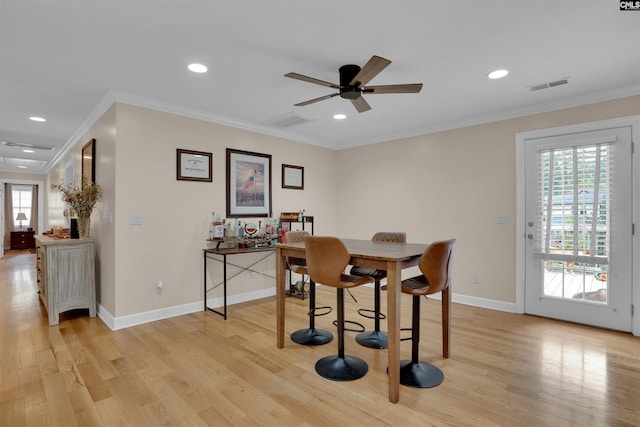 531 Sulgrave Dr, Columbia, SC 29210 - dining area featuring light wood-style floors, recessed lighting, ceiling fan, ornamental molding, and baseboards