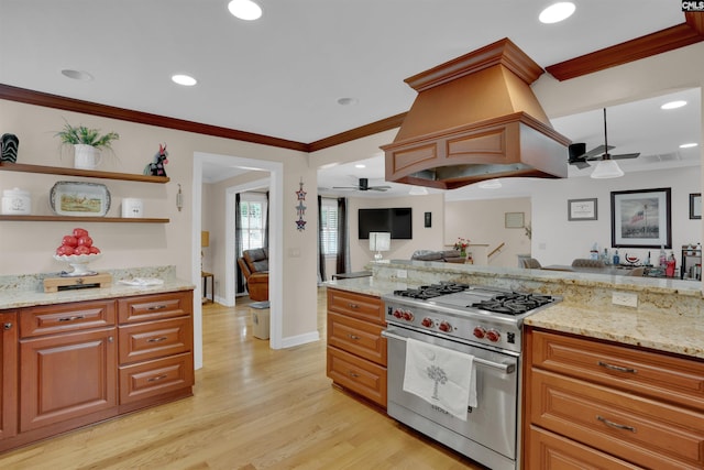 531 Sulgrave Dr, Columbia, SC 29210 - kitchen with a ceiling fan, luxury range, light wood finished floors, crown molding, and light stone countertops