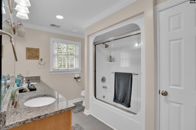 531 Sulgrave Dr, Columbia, SC 29210 - bathroom featuring double vanity, ornamental molding, toilet, tile patterned floors, and combined bath / shower with glass door