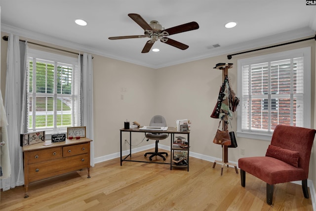 531 Sulgrave Dr, Columbia, SC 29210 - office area featuring crown molding, healthy amount of natural light, light wood-style floors, a ceiling fan, and recessed lighting