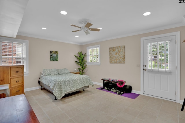 531 Sulgrave Dr, Columbia, SC 29210 - bedroom with baseboards, recessed lighting, crown molding, and a ceiling fan