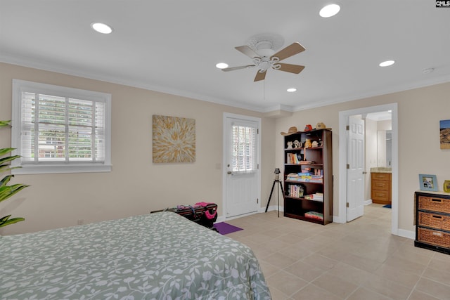 531 Sulgrave Dr, Columbia, SC 29210 - bedroom featuring recessed lighting, baseboards, ornamental molding, light tile patterned floors, and ceiling fan