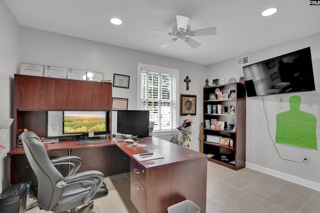531 Sulgrave Dr, Columbia, SC 29210 - home office featuring a ceiling fan, baseboards, recessed lighting, and light tile patterned flooring